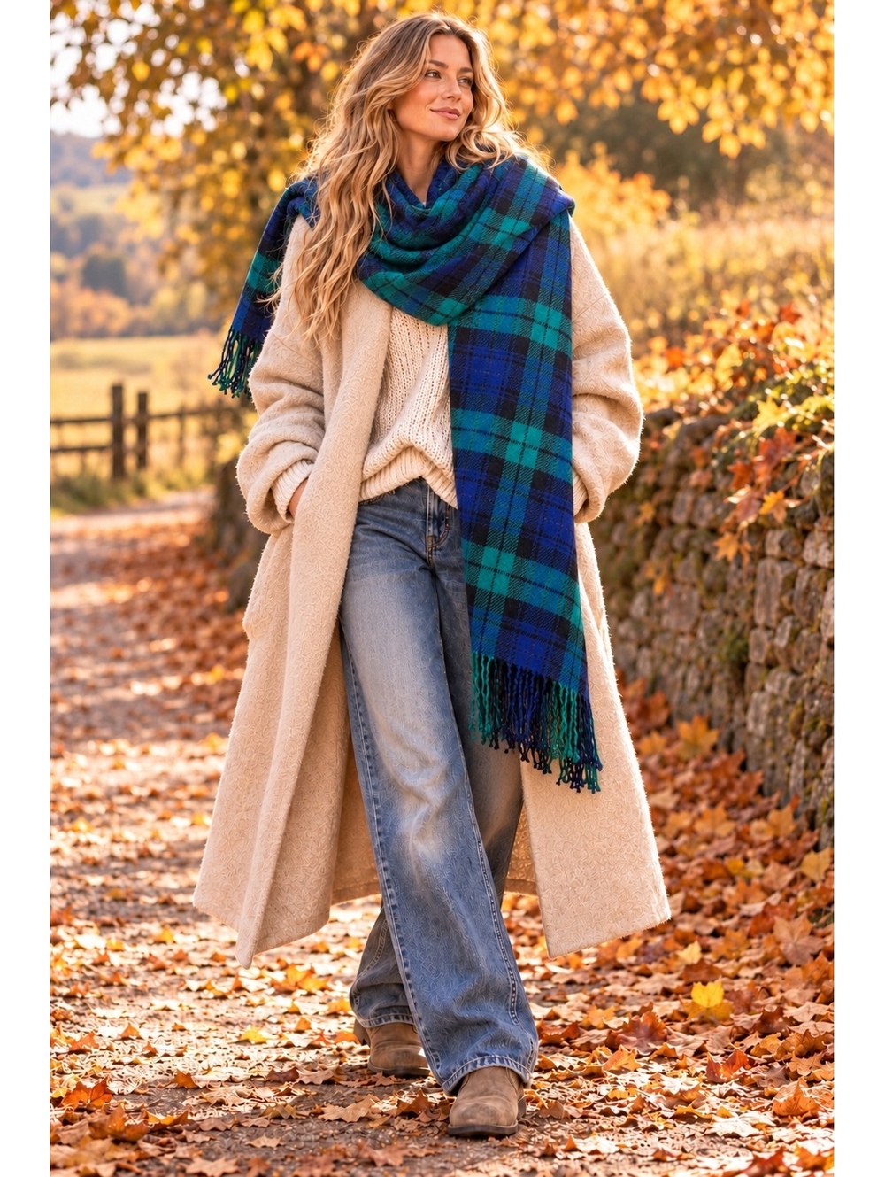 NWT Free People Over The Coat Plaid Blanket Scarf Navy Marin Green Fringe